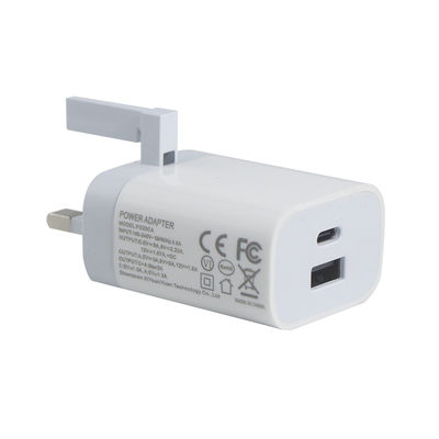 Carregador de parede de 2 pines do Reino Unido com portas USB-C e USB-A, saída de 20W, adaptador de energia compacto de duas portas para telefone / tablet