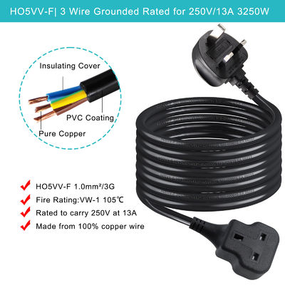 Reino Unido Cabo de extensão de 3 pinos 1M 13A 250V AC