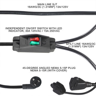 15A/125V Flat Plug Inline 1 Main Line 2 Sub Nema 515P 3Pin Y Tipo Splitter Cordão de Alimentação Com Interruptor