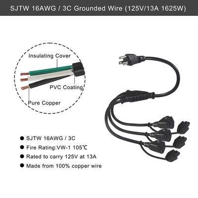 Certificado dos EUA 6Ft 3 Pin Plug 515P para 3 Way Nema 515R Ac Extension Cord Three Prong Outlet Splitter