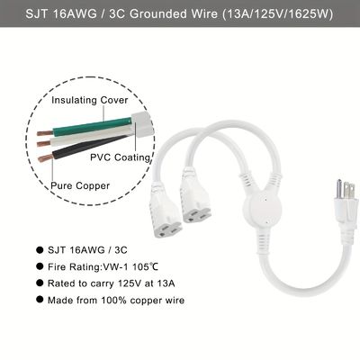 125V 13A cabo de alimentação elétrica NEMA5-15P para NEMA 5-15R 1 a 2 Y Splitter SJT 16AWG 3 fio