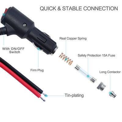 ON OFF Switch Angle Cigarette Lighter Male Plug Car Charger Cable de energia solar 18AWG 16AWG