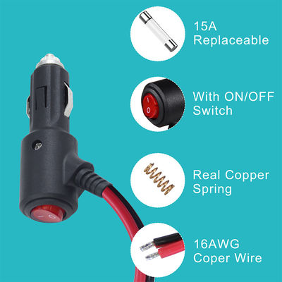 ON OFF Switch Angle Cigarette Lighter Male Plug Car Charger Cable de energia solar 18AWG 16AWG