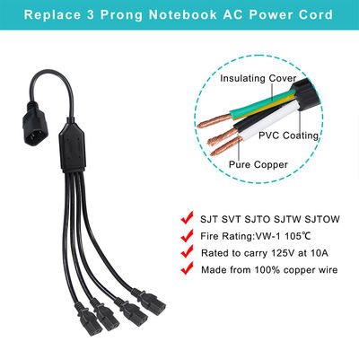 Conector de ângulo de bobina preta H05vv F Plug Iec C13 Iecc14 Homem para mulher Y Splitter cabo de extensão de energia