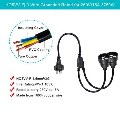 Austrália Plug H05vv-f 3g 3*0.5mm2/0.75mm2 IEC Conector Cordão de alimentação com duplo feminino