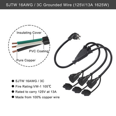 NEMA 5-15P 3x5-15R Y Splitter Power Cord 3FT 16AWG Jaqueta de borracha