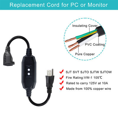 GFCI NEMA 515P a 515R Cordão de alimentação AC para computador portátil PC cabo de alimentação 4 Ft fio de extensão preto