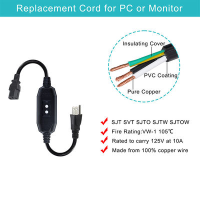 Aparelhos domésticos IP54 Cabo exterior com GFCI NEMA 5-15P a IEC 60320 C13 Fêmea Comprimento do cabo 0,5m