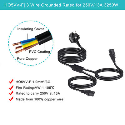 Cable de extensão de ramificação Y aprovado pelo BSI Reino Unido 3Pin para IEC C13 cabo de alimentação de tomada feminina
