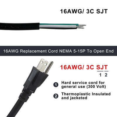 NEMA 5-15P a 10MM Cabo de extensão desligado de energia SJT SJTW 3 fios