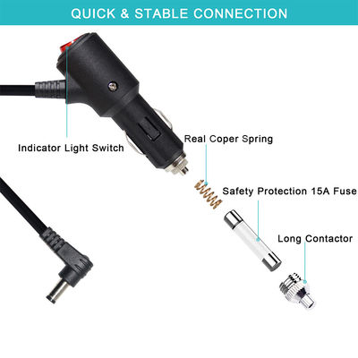 Cabo para acendedor de cigarro automotivo com fusível de 15A e conector DC 2.1MM em ângulo reto