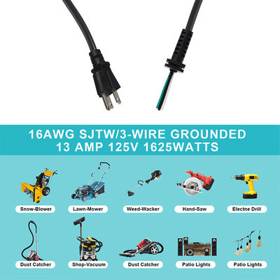 NEMA 5-15P 3-Prong AC Power Cord 250V 13A Cablagem aberta