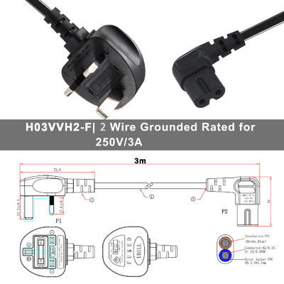 BS Computador Cable AC ângulo direito C7 Extensão padrão 3 fio 10A 250V cabo de alimentação britânico com PVC Jacket e IEC Female End Tipo