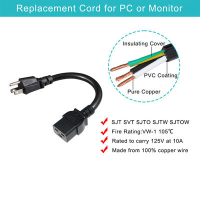 3 pin Sjt com cabo Sjtw Iec 320 C19 para Nema 5-15p 3Pin Lock Ac Extensão 5Ft 6Ft