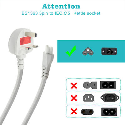 Reino Unido 3-Pin C5 Power Cord 6ft Preto Branco PVC Jaqueta BS ROHS Certificado