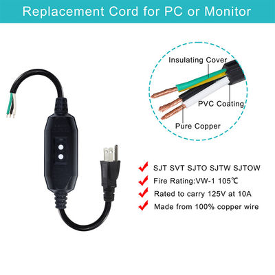 Cabos de alimentação de carga pesada de grau industrial 18AWG NEMA 5-15P com proteção RCD e terminações de fio nu para máquinas/aparelhos domésticos