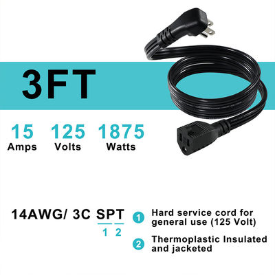 14 AWG SPT-3 Flat Wire Power Cord NEMA 5-15P a 5-15R Plug de lâmina reta 15A 125V Cabos flexíveis para uso industrial / doméstico