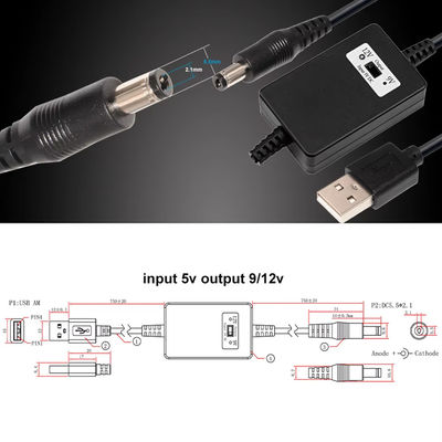 USB A macho a DC5.5*2.1mm Voltage Step Up Cable 5V a 9V/12V Converter para dispositivos de alimentação com proteção contra sobrecarga