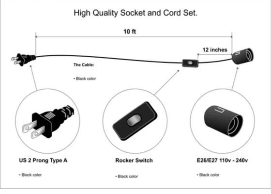 NEMA 1-15P para E27 cabo de conversão de tomada com 303 Switch - 125V 10A