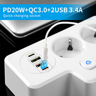 Extensor de tomada de alimentação multifuncional da UE com 2 portas USB, 2 tomadas AC e adaptador de montagem de parede 250V de porta de carregamento tipo-C