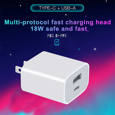 Carregador de parede USB duplo de 18W com 2 pinos dos EUA – Adaptador de energia de carregamento rápido Tipo-C e USB-A para smartphone, tablet, câmera