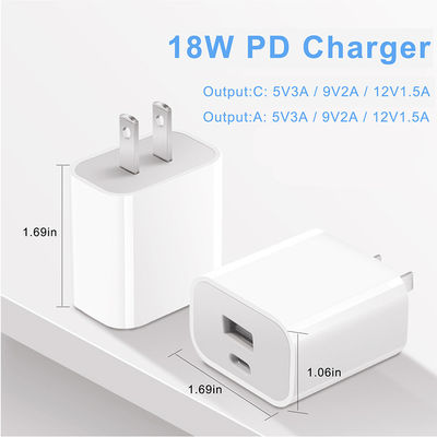 Carregador de parede USB duplo de 18W com 2 pinos dos EUA – Adaptador de energia de carregamento rápido Tipo-C e USB-A para smartphone, tablet, câmera