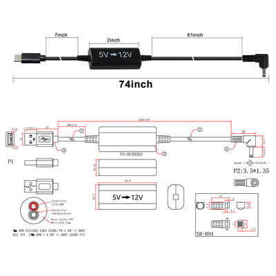 Cabo USB-C para 12V Step-Up com Plugue DC em Ângulo Reto - Cabo Conversor de Energia de 5V para 12V para Roteador, LED, Câmera, Ventilador