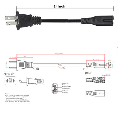 Cabo de alimentação NEMA 1-15P para IEC C7 - Cabo de plugue plano para conector Figura-8 para laptop, DVD player, console de jogos, pequenos eletrodomésticos