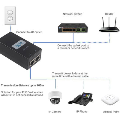 Injetor PoE Ativo de Mesa - Adaptador Power Over Ethernet 48V IEEE 802.3af/at para Câmeras IP, APs Wireless, Telefones VoIP