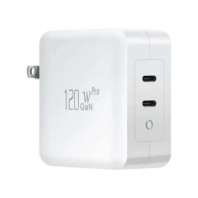 Carregador de parede de 2 pines com duas portas USB-C, saída de alta velocidade de 120W, adaptador de carregamento rápido para laptop / tablet