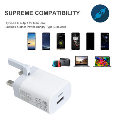 Carregador de parede de 2 pines do Reino Unido com portas USB-C e USB-A, saída de 20W, adaptador de energia compacto de duas portas para telefone / tablet