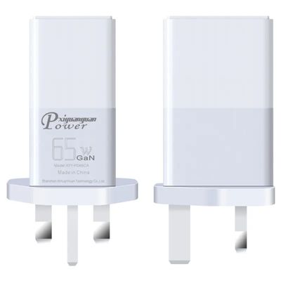 Carregador de parede de 2 pines do Reino Unido com portas USB-C e USB-A, adaptador de energia de alta velocidade de duas portas de 65W para laptop / telefone / tablet