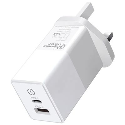 Carregador de parede de 2 pines do Reino Unido com portas USB-C e USB-A, adaptador de energia de alta velocidade de duas portas de 65W para laptop / telefone / tablet