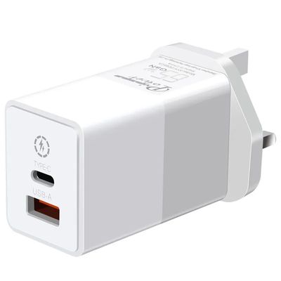 Carregador de parede de 2 pines do Reino Unido com portas USB-C e USB-A, adaptador de energia de alta velocidade de duas portas de 65W para laptop / telefone / tablet