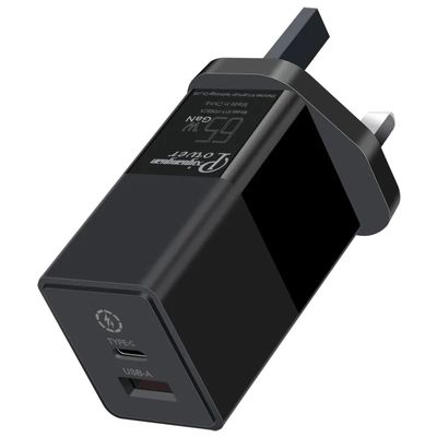 Carregador de parede de 2 pines do Reino Unido com portas USB-C e USB-A, adaptador de energia de alta velocidade de duas portas de 65W para laptop / telefone / tablet