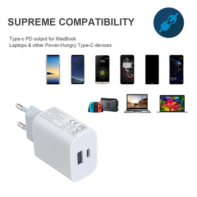Carregador de parede de 2 pines da UE com portas USB-C e USB-A, adaptador de alimentação compacto de duas portas de 20W para carregamento de telefone e tablet