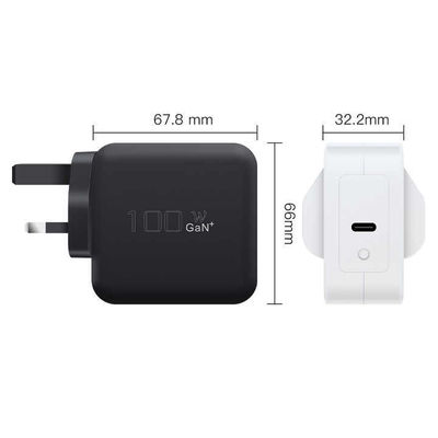 UK Carregador USB-C de 2 pines com duas portas, adaptador de energia tipo-C de alta velocidade de 100W para laptops, tablets e smartphones