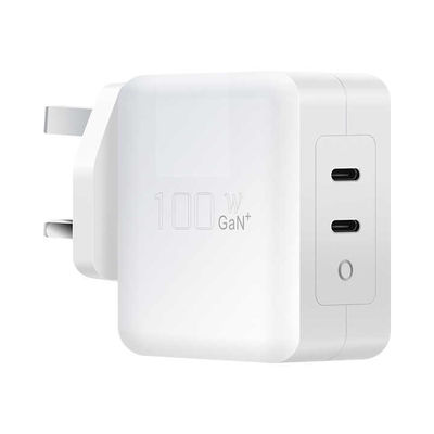 UK Carregador USB-C de 2 pines com duas portas, adaptador de energia tipo-C de alta velocidade de 100W para laptops, tablets e smartphones