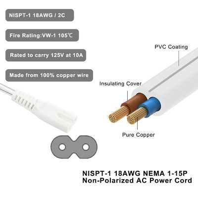 QIUCABLE TV Power Cord - 2Pack 10FT 2 Prong Non-Polarized Plug NEMA 1-15P para C7 Figura 8 Corda de substituição de alimentação (B0D7RKLTSJ)