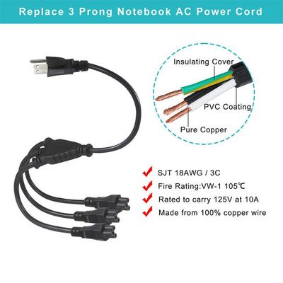 Cabo divisor de energia NEMA 5-15P para 4 vias IEC C5 para laptops