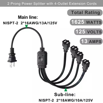 Divisor de energia NEMA 1-15P plano de 1 a 4 - Extensão multi-tomada de 125V 15A que economiza espaço para casa/escritório