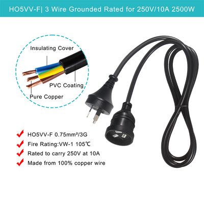 Universal 3 Pin Austrália Aus Nzs Plug Cable de computador macho para fêmea cabo elétrico