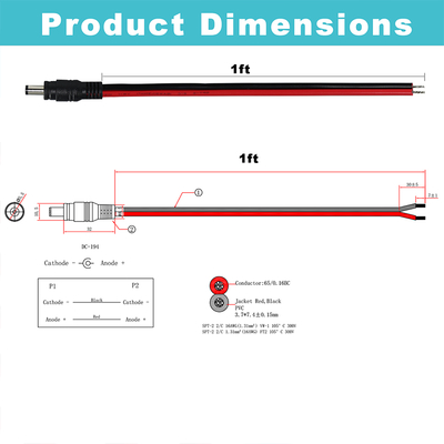 Cabo de alimentação DC Macho para Fio Estanhado, 5,5x2,1mm ou 5,5x2,5mm, Cabo adaptador de alimentação DC 12V para CFTV, LED, DIY