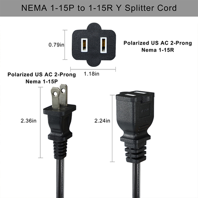 NEMA 1-15P a 1-15R Cordão de extensão de duas pontas 110V-250V PVC de cobre