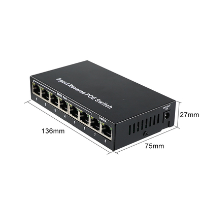 Interruptor PoE reverso de 8 portas com saída de corrente contínua de 12 V para câmaras IP