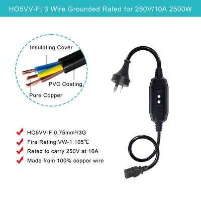 Cabo de alimentação AU para IEC C13 com RCD 10A 240V