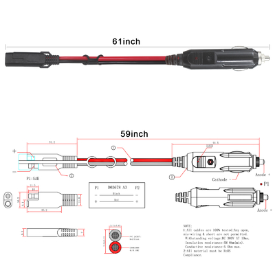 12V SAE para o Cable do Cigarro do Cigarro do Carro com 15A Fuse