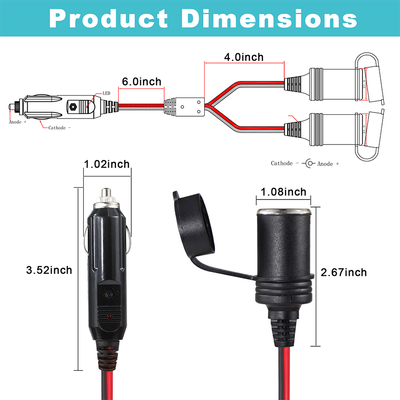 Adaptador de Cabo de Extensão Divisor de Soquete Duplo de Isqueiro de Carro de 12V para Fonte de Alimentação CC GPS Câmera de Painel Tablet