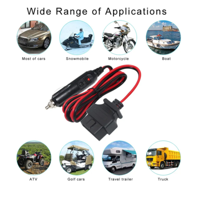 Cabo de alimentação para diagnóstico OBD2 de isqueiro de carro de 12V com fusível para scanner automotivo, leitor de código e ECU