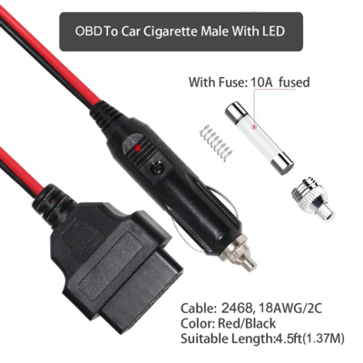 Cabo de alimentação para diagnóstico OBD2 de isqueiro de carro de 12V com fusível para scanner automotivo, leitor de código e ECU